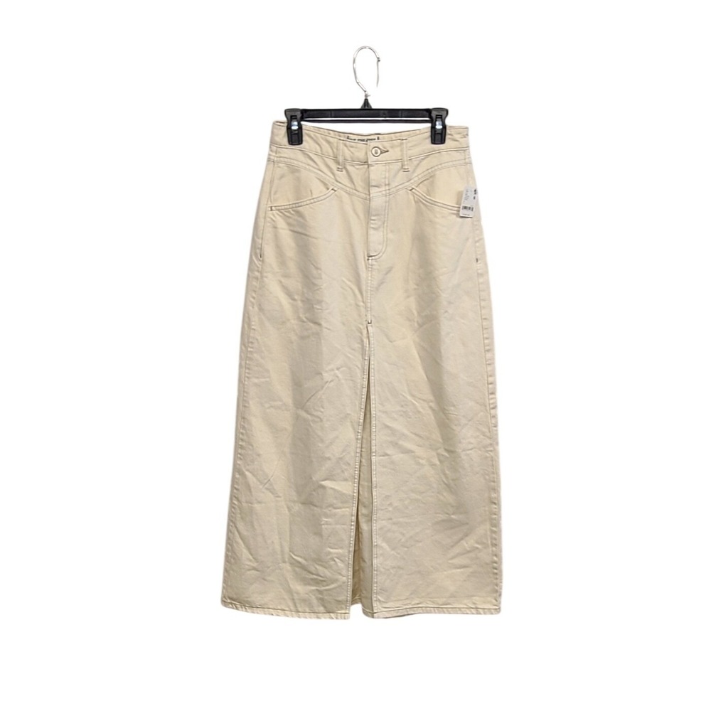 Free People Size 2 Cream Denim Come As You‎ Are Maxi Wisp Skirt Front Slit